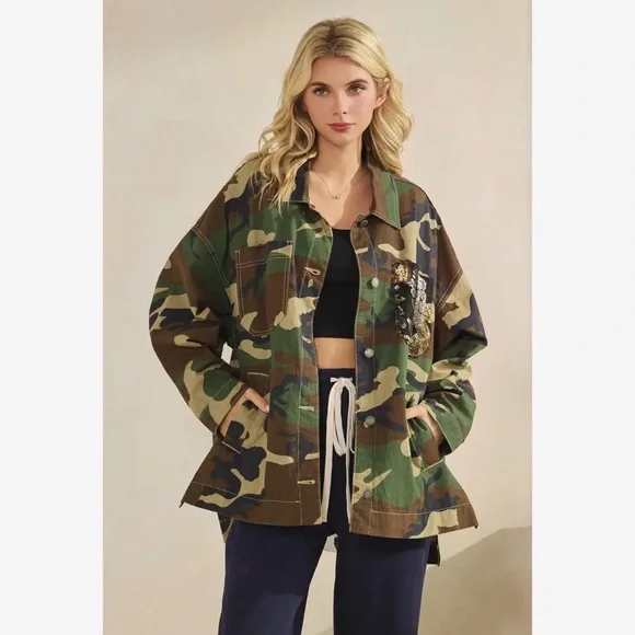 Camo denim cotton sequin Jean floral flower mineral bohemian wash coat jacket - Picture 4 of 7